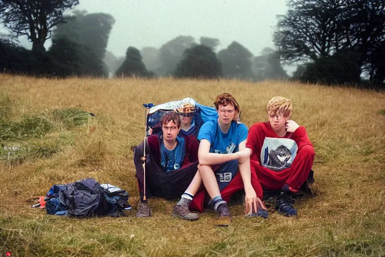 Image similar to candid photo of 3 teenagers camping at Glastonbury, UK, Kodak Portra 200,8K,highly detailed: beautiful perspective closeup environmental portrait photo in style of 2000s retrofuturism, cinema lighting , by beksinski, photography fashion edition, tilt shift, highly detailed, focus on man ;blonde hair;blue eyes, clear eyes, soft lighting