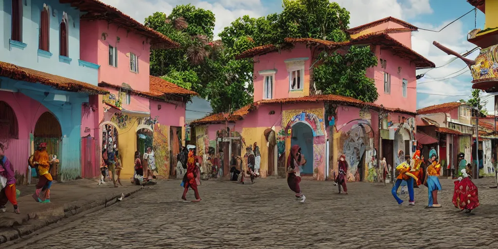 Image similar to An epic fantastic realism comic book style painting of the COLOMBIAN colonial town environment with beautiful houses, traditional dance in the street, exquisite bouquets from an colorfull culture, fisheye, unreal 5, DAZ, hyperrealistic, octane render, dynamic lighting