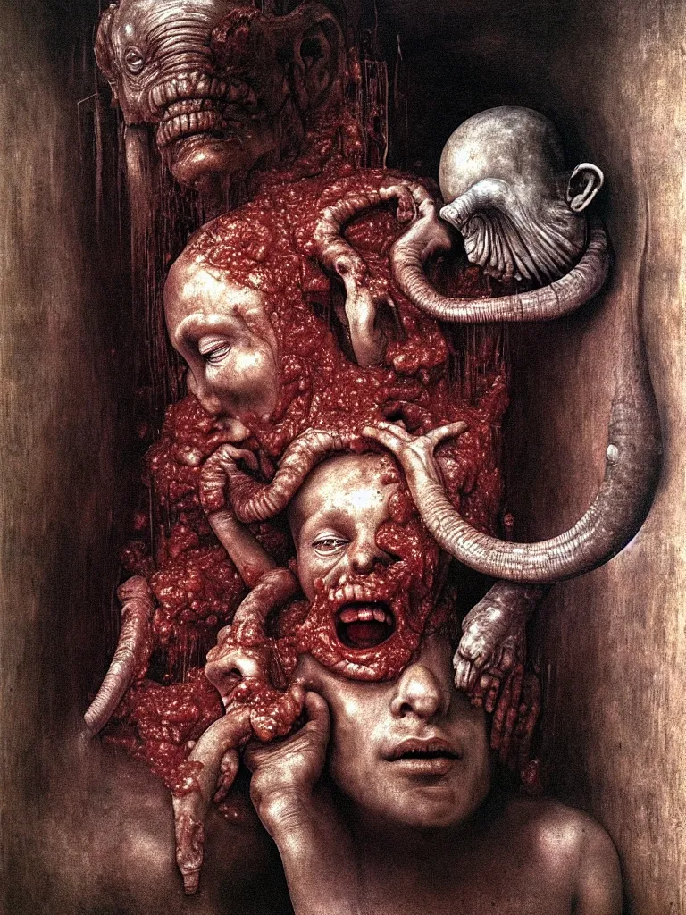 Image similar to a boy like eraserhead and elephant man sitting in a tub full of tomato sauce, inside an empty cathedral, looking straight into camera, screaming, by giuseppe arcimboldo and ambrosius benson, renaissance, a touch of beksinski and hr giger, realistic