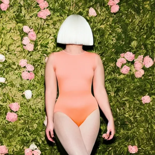 Image similar to sia furler wearing a skin colored peach leotard full body artistic photoshoot pose from behind