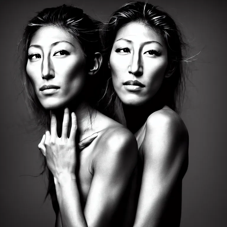 Image similar to photography face portrait on a tropical wallpaper background of a beautiful woman like dichen lachman, black and white photography portrait, skin grain detail, high fashion, studio lighting film noir style photography, by richard avedon, and paolo roversi, nick knight, hellmut newton,