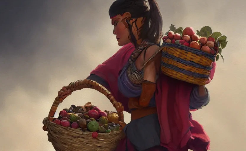 Image similar to A painting of an Aztec Woman carrying a Basket of Fruit trending on artstation in the style of Greg Rutkowski