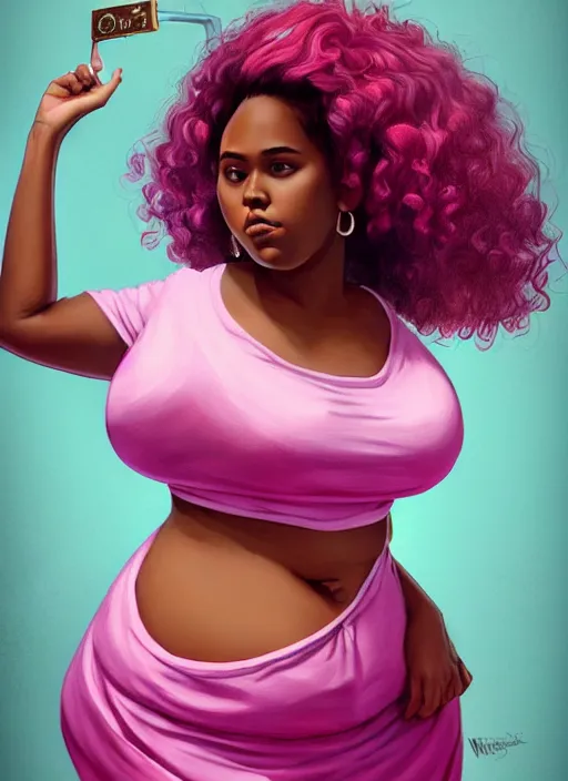 Image similar to full body portrait, teenage vanessa morgan, pink hair, dark skin, obese, curly pixie hair, sultry, realistic, short hair, hoop earrings, skirt, shirt, fat, belly, intricate, elegant, highly detailed, digital painting, artstation, concept art, smooth, sharp focus, illustration, art by wlop, mars ravelo and greg rutkowski