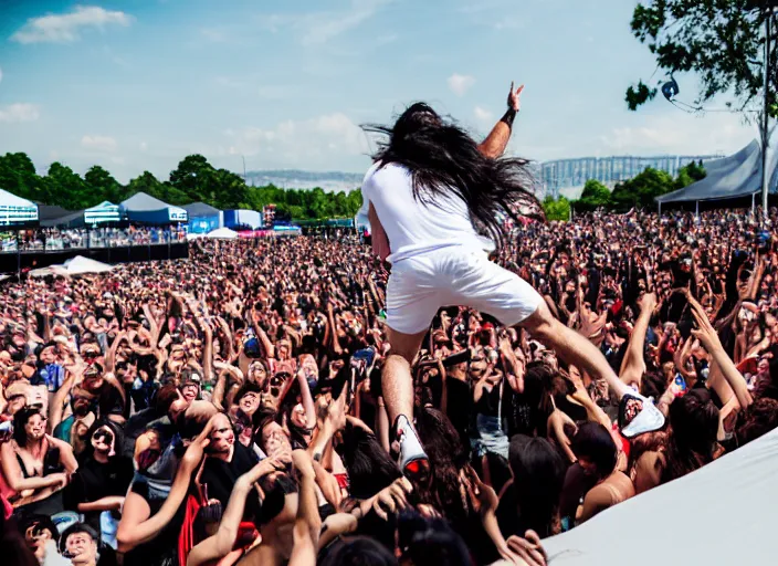 Prompt: photo still of andrew wk at the vans warped tour!!!!!!!! at age 3 6 years old 3 6 years of age!!!!!!!! stage diving into the crowd, 8 k, 8 5 mm f 1. 8, studio lighting, rim light, right side key light