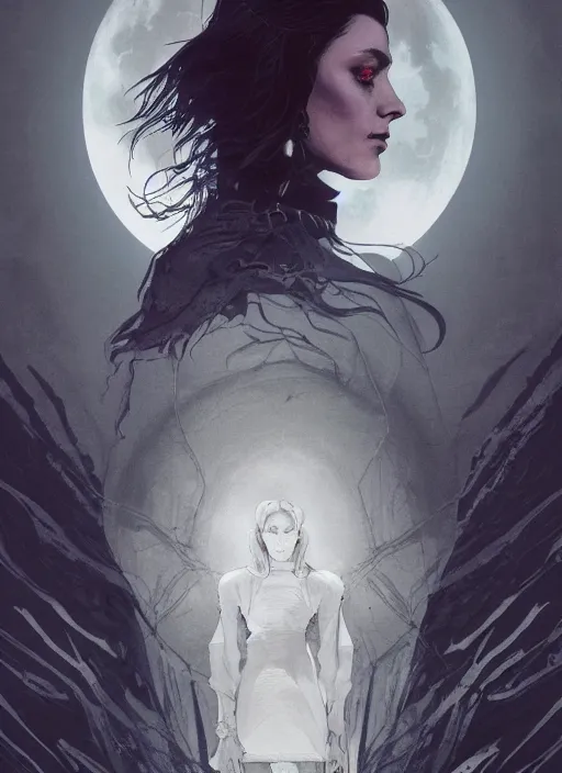 Image similar to symmetrical centered portrait of Anna Millerstone as a Dark evil witch, big moon in the background, dramatic lighting, book cover illustration by Greg rutkowski, yoji shinkawa, 4k, digital art, concept art, trending on artstation, golden silver elements, empty space, flower elements