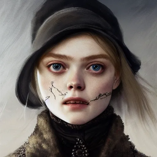 Prompt: portrait of a elle fanning in the world of bloodborne, detailed realism face in painting, detailed beautiful portrait, oil painting masterpiece, 8 k resolution, smooth, sharp focus, trending on artstation, by rembrandt