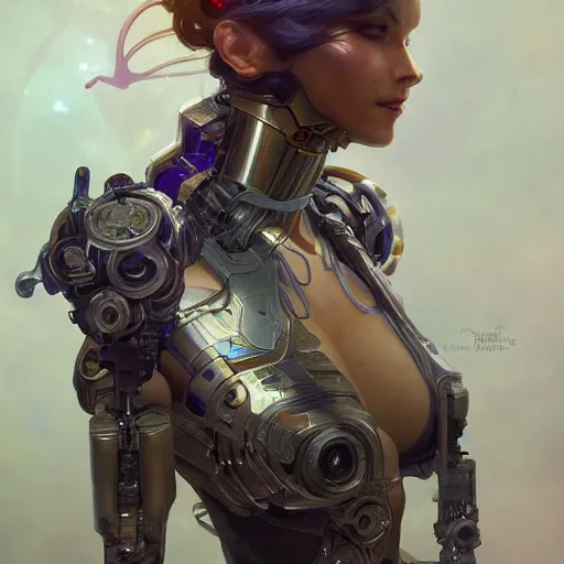 Image similar to beautiful cyborg girl, fantasy, intricate, elegant, highly detailed, digital painting, artstation, concept art, wallpaper, smooth, sharp focus, illustration, art by artgerm and greg rutkowski and alphonse mucha