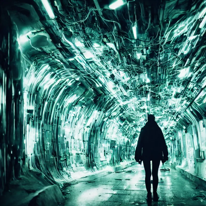 Prompt: a person in a dark tunnel with a light on, cyberpunk art by Elsa Bleda, trending, light and space, dystopian art, futuristic, circuitry