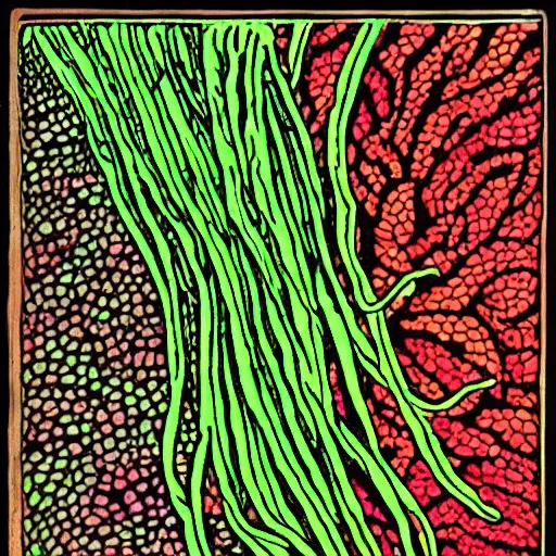 Image similar to vintage colored detailed illustration of random seaweed, neon colors