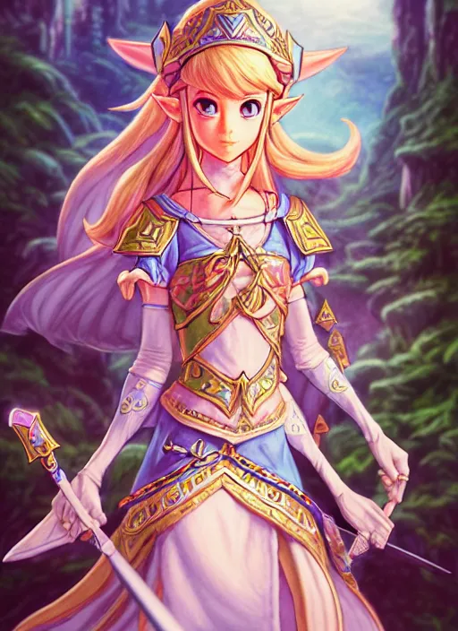 Prompt: princess zelda in dwarf fortress, beautiful shadowing, 3 d shadowing, reflective surfaces, illustrated completely, 8 k beautifully detailed pencil illustration, extremely hyper - detailed pencil illustration, intricate, epic composition, very very kawaii, masterpiece, bold complimentary colors. stunning masterfully illustrated by artgerm and range murata.