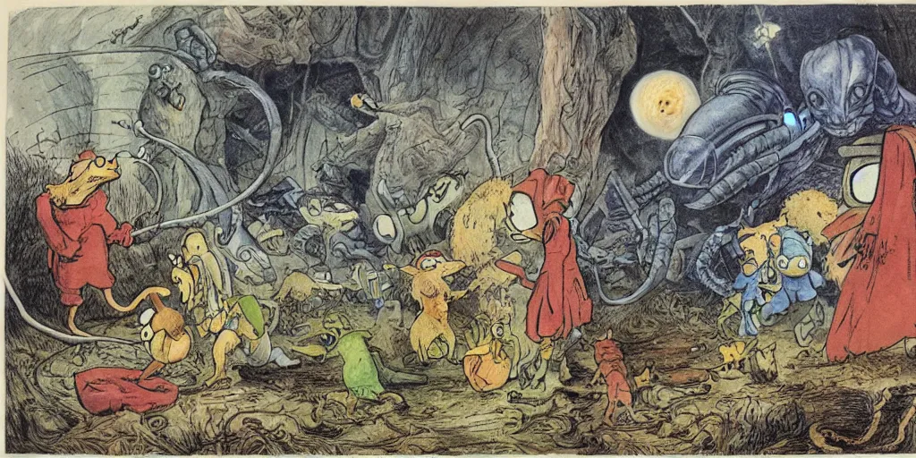 Image similar to alien invasion, illustrated by peggy fortnum and beatrix potter and sir john tenniel