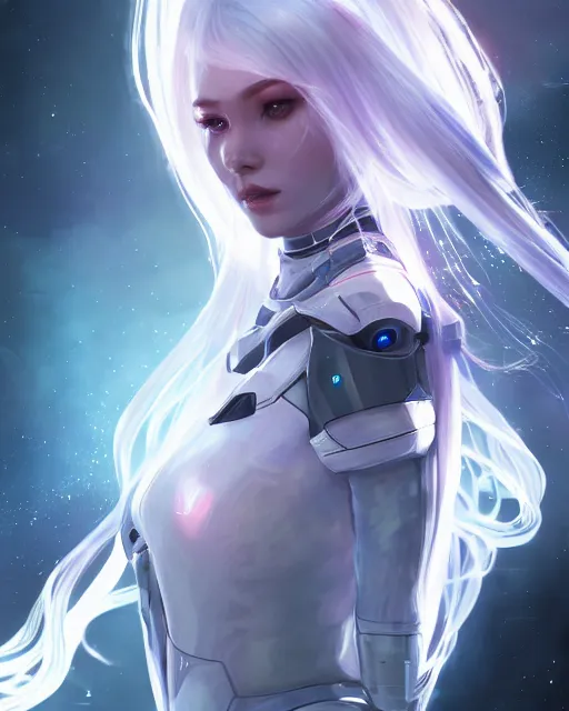 Image similar to perfect android girl on a mothership, warframe armor, beautiful face, scifi, futuristic, galaxy, nebula, raytracing, dreamy, long white hair, blue cyborg eyes, sharp focus, cinematic lighting, highly detailed, artstation, divine, by gauthier leblanc, kazuya takahashi, huifeng huang