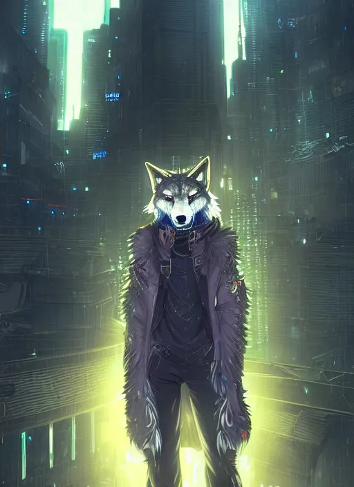 Image similar to character portrait of a male anthro wolf fursona with a tail and a cute beautiful attractive detailed furry face wearing stylish cyberpunk clothes in a cyberpunk city at night while it rains. hidari, color page, tankoban, 4K, tone mapping, Akihiko Yoshida.