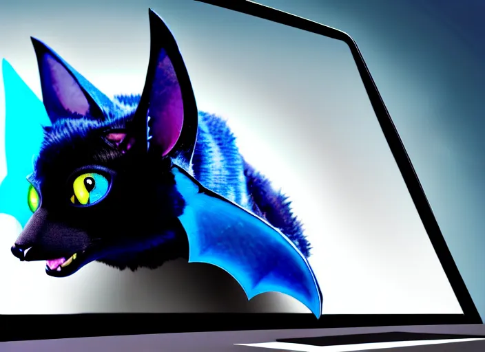 Image similar to a blue - and - black male catbat fursona with blue / green heterochromatic eyes ( differently - colored eyes, one eye green, one eye blue ) and huge bat ears, photo of the catbat streaming on his computer