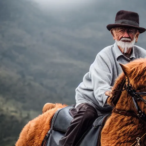 Prompt: portrait of an elderly man riding a fantastical creature, canon eos r 3, f / 1. 4, iso 2 0 0, 1 / 1 6 0 s, 8 k, raw, unedited, symmetrical balance, wide angle