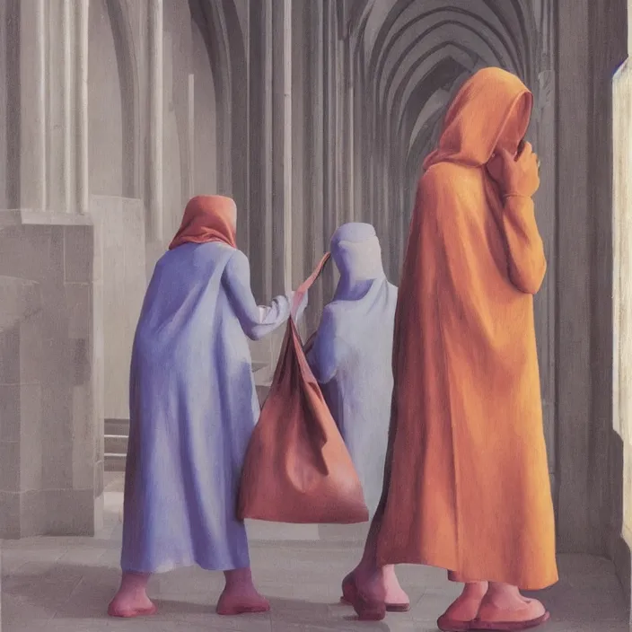 Prompt: two women hugging with a paper bag over the head, dressed in plastic bags, inside magnificent cathedral, highly detailed, artstation, art by , edward hopper, zdislav beksinski, wayne barlowe