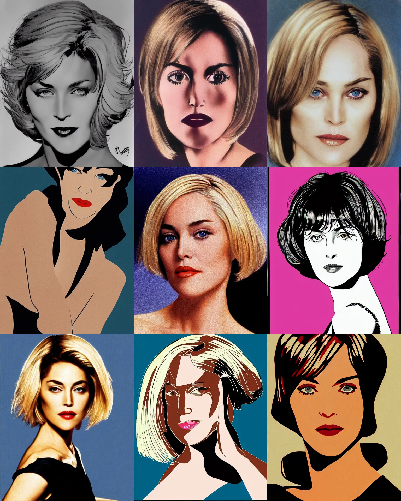 Prompt: Sharon Stone 25 years old, bob haircut, portrait by Patrick Nagel