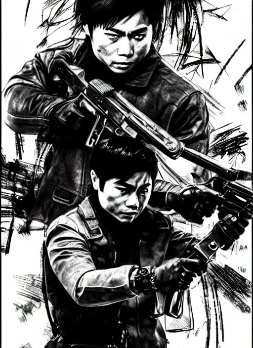 Image similar to coco martin as cardo dalisay from ang probinsyano in a poster shot, in the style of yoji shinkawa, ink on paper, gritty, dark hues