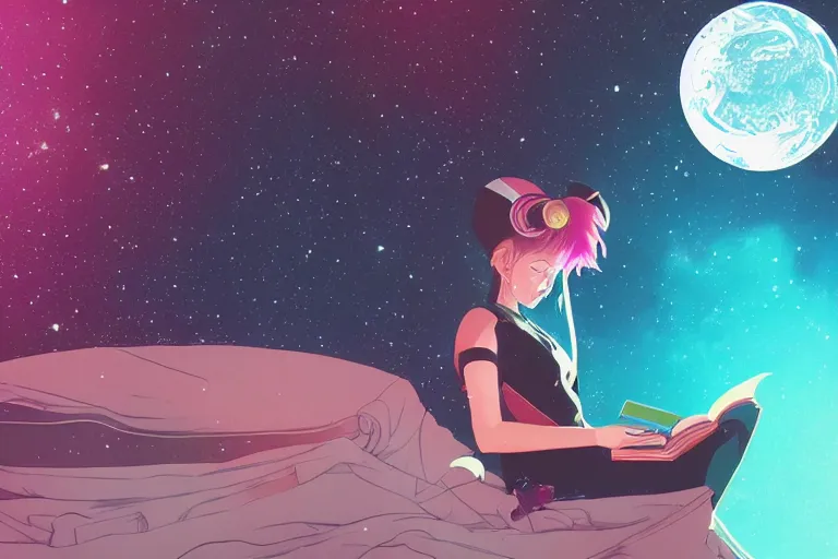 Image similar to a beautiful girl reading a book in space, lofi, anime, digital art, neon, synthwave,