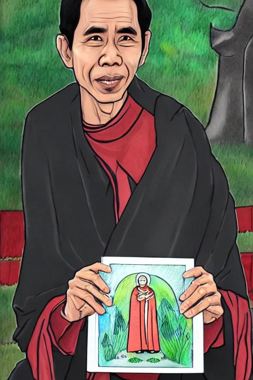 Prompt: saint jokowi with undang undang book in his hand, sketch and art by jacqueline e, color by bo feng lin