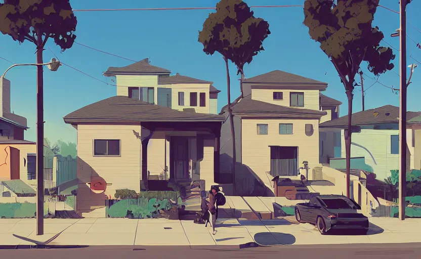 Prompt: a front view los angeles neighborhood illustration by atey ghailan, trending on artstation