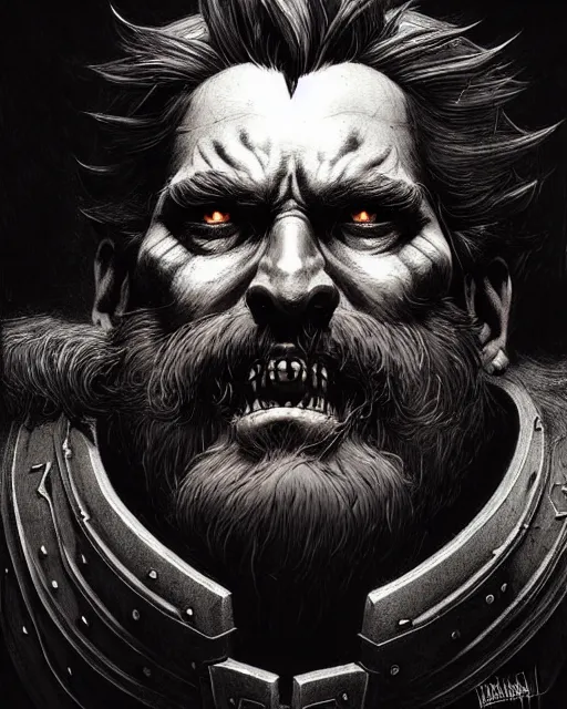 Prompt: reinhardt from overwatch, beard, character portrait, portrait, close up, concept art, intricate details, highly detailed, horror poster, horror, vintage horror art, realistic, terrifying, in the style of michael whelan, beksinski, and gustave dore