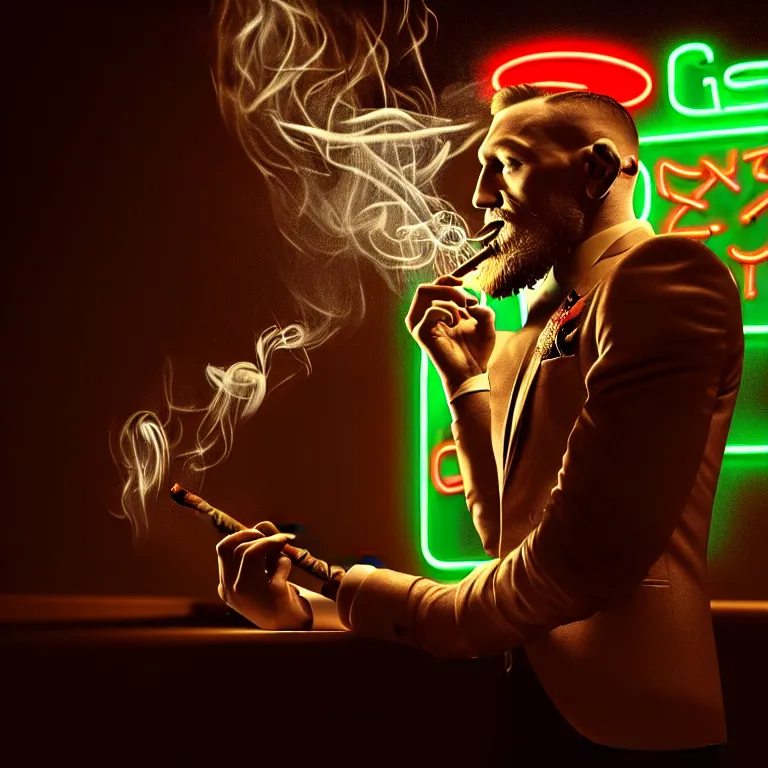 Image similar to a intricately detailed portrait of conor mcgregor smoking a lit cigar in an irish pub with a neon bar, smoke rising like clouds, balanced, trending on art station, volumetric lighting & shadows, hyper detailed, digital art, unreal engine, 4 0 0 mm f 1. 8,