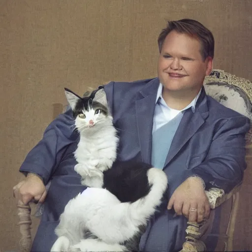 Image similar to Andy Richter wearing a blue dress shirt necktie navy dress pants sitting in a chair petting a calico cat