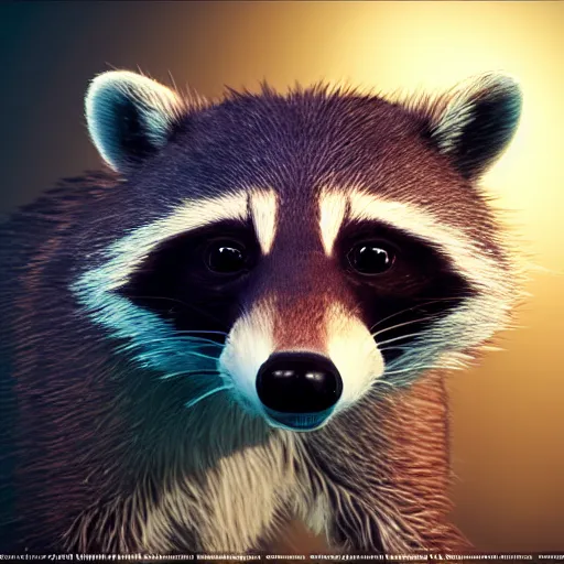 Image similar to a hyperrealistic octane render of a raccoon with a camera lens for a nose, photorealism, unreal engine, dramatic lighting, volumetric lighting, uplighting