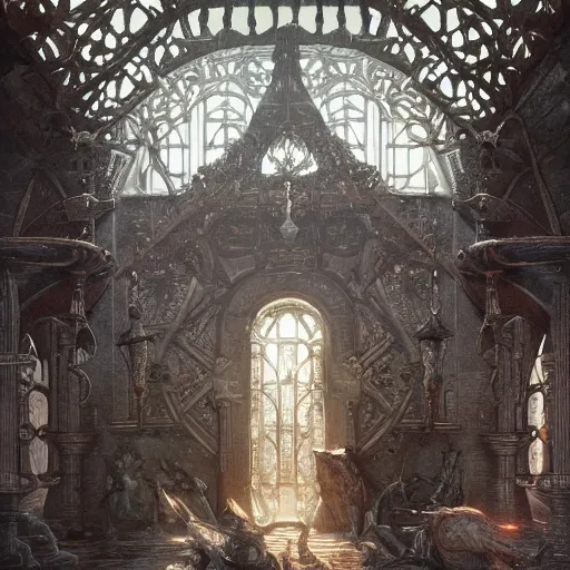 Prompt: ultra realistic illustration,, hell torture chamber interior from diablo and baldurs gate, intricate, elegant, highly detailed, digital painting, artstation, concept art, smooth, sharp focus, illustration, art by artgerm and greg rutkowski and alphonse mucha