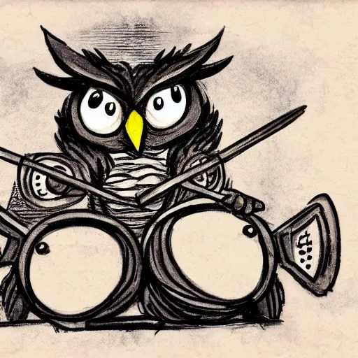 Prompt: concept art of an angry owl playing drums