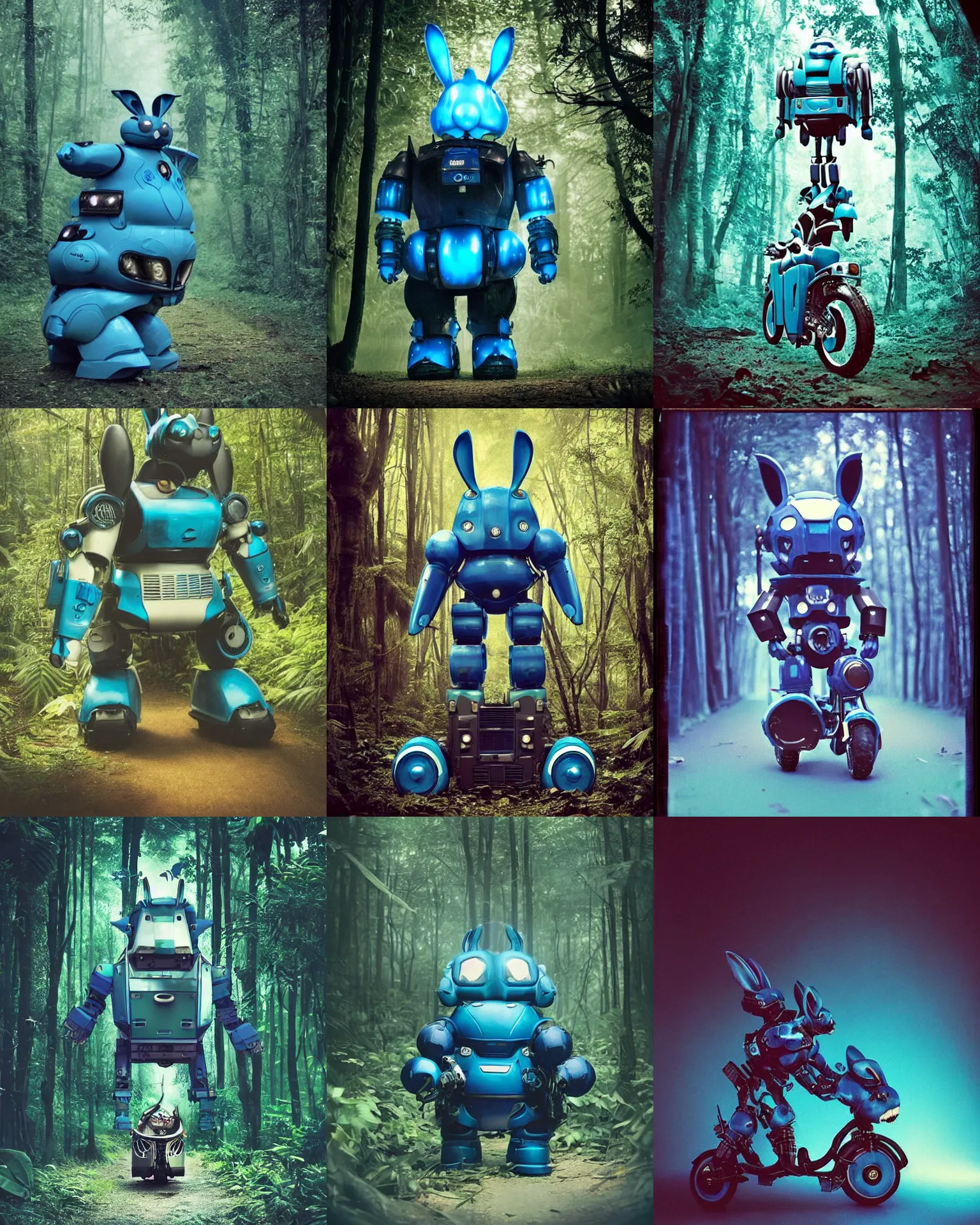 Prompt: dark night blue cyan !!!giant oversized battle rabbit robot chubby fat mech with big ears as double decker motorcycle , in jungle forest !!! , full body , nighttime, Cinematic focus, Polaroid photo, vintage , neutral dull colors, foggy ,by oleg oprisco , by victor enrich , by gregory crewdson , by discovery channel