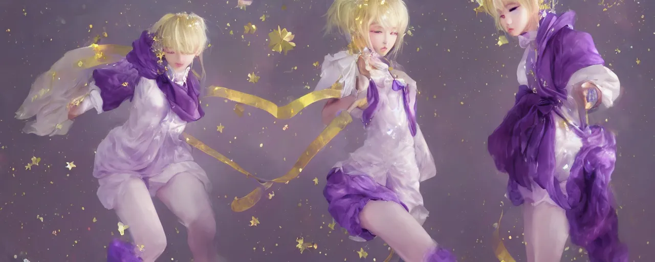 Image similar to Full View of a mysterious kpop fairy maidens with short blond hair wearing an oversized purple Beret, Baggy Purple overall shorts, Short Puffy pants made of silk, silk shoes, a big billowy scarf, Golden Ribbons, white leggings Covered in stars. Short Hair. peasant magic. masterpiece 4k digital illustration by Ruan Jia and Mandy Jurgens and Artgerm and william-adolphe bouguereau, award winning, Artstation, art nouveau aesthetic, Alphonse Mucha background, intricate details, realistic, panoramic view, Hyperdetailed, 8k resolution, intricate art nouveau, smooth, sharp focus