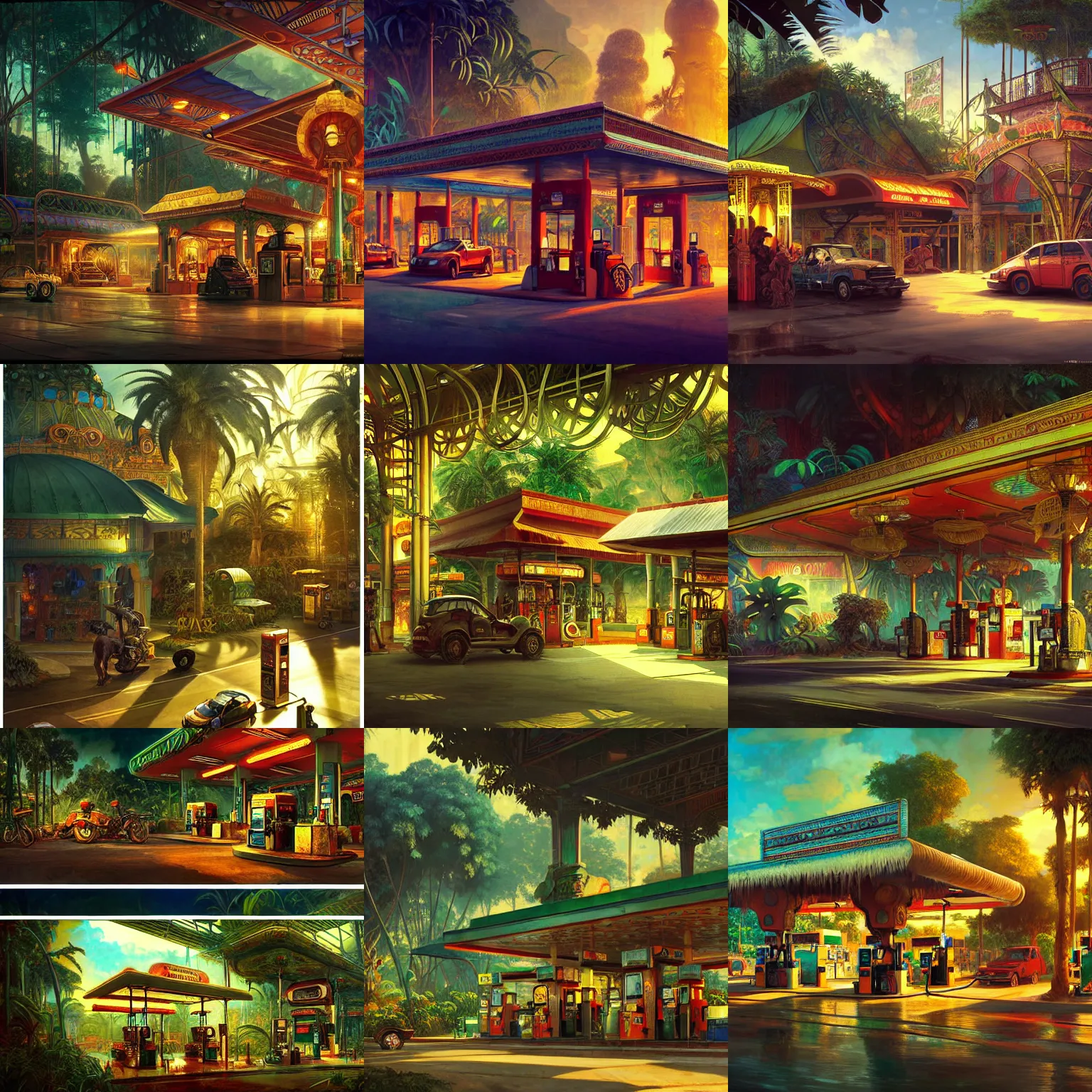 Prompt: Gas Station in the middle of the deep jungle Neo Rococo Expressionist orientalism, extreme plus resolution fantasy concept art, intricate details to everything visible, sharp lighting, Dramatic light by denis villeneuve, strong emphasis on alphonse mucha, Makoto Shinkai