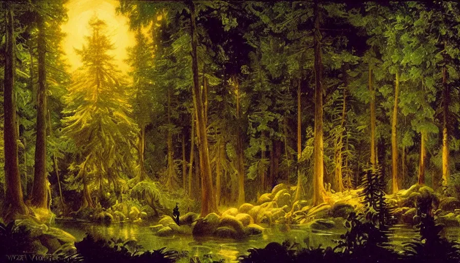 Image similar to disney illustrated background of a fantasy forest at night by eugene von guerard, ivan shishkin, john singer sargent