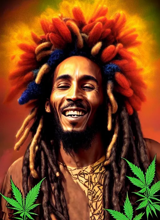 Image similar to portrait of bob marley joyous jamaican warrior with flowing dreadlocks, surrounded by cannabis flowers. afrogoth intricate digital matte painting concept art, warpaint aesthetic, colorful, psychedelic, beautifully backlit, subtle tones, sharp focus, cinematic aesthetic octane render, volumetric lighting, by edmund leighton, james jean, ross tran and artgerm