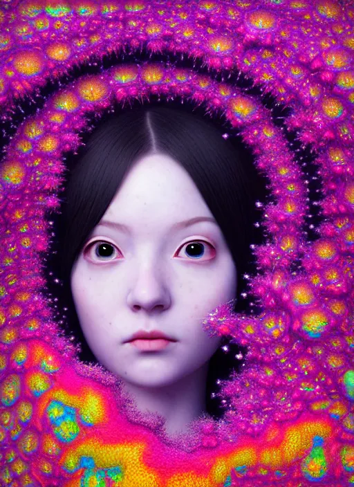 Image similar to hyper detailed 3d render like a Oil painting - kawaii portrait Aurora (serious hacker girl Singer) seen Eating of the Strangling network of yellowcake aerochrome and milky Fruit and Her delicate Hands hold of gossamer polyp blossoms bring iridescent fungal flowers whose spores black the foolish stars by Jacek Yerka, Mariusz Lewandowski, Houdini algorithmic generative render, Abstract brush strokes, Masterpiece, Edward Hopper and James Gilleard, Zdzislaw Beksinski, Mark Ryden, Wolfgang Lettl, hints of Yayoi Kasuma, octane render, 8k