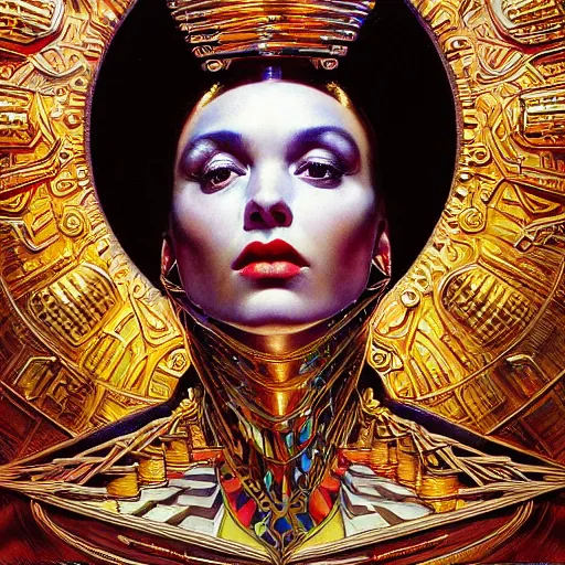 Image similar to close - up renaissance portrait of a primitive art deco android priestess, reflective detailed textures, highly detailed fantasy science fiction painting by moebius, norman rockwell and william holman hunt and syd mead. elaborate geometric ornament, rich colors, high contrast. artstation