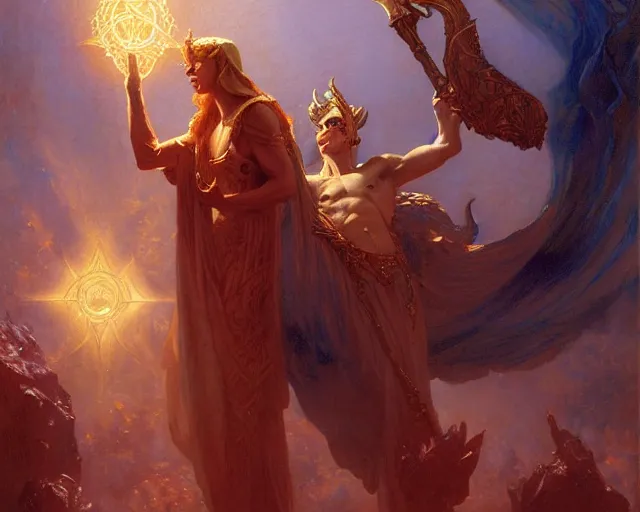 Image similar to attractive male deity, casting demonic magic, summoning handsome lucifer morning star. highly detailed painting by gaston bussiere, craig mullins, j. c. leyendecker 8 k