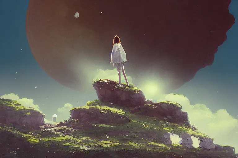 Image similar to giant white daisy flower under the head, girl standing on cliff, surreal photography, solar eclipse, milky way, dramatic light, impressionist painting, clouds, digital painting, artstation, james gilleard, liam wong, jeremy mann, simon stalenhag