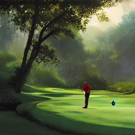 Prompt: tiger woods playing golf, cinamatic, landscape, lush green, craig mullins