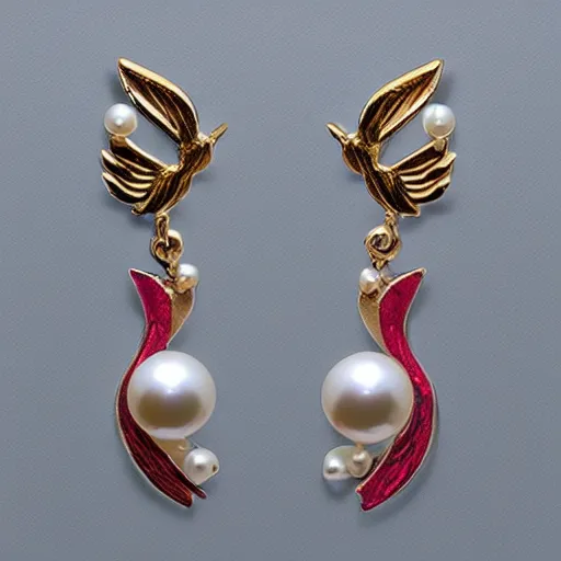 Prompt: jewelry design, pearl earrings with phoenix decoration