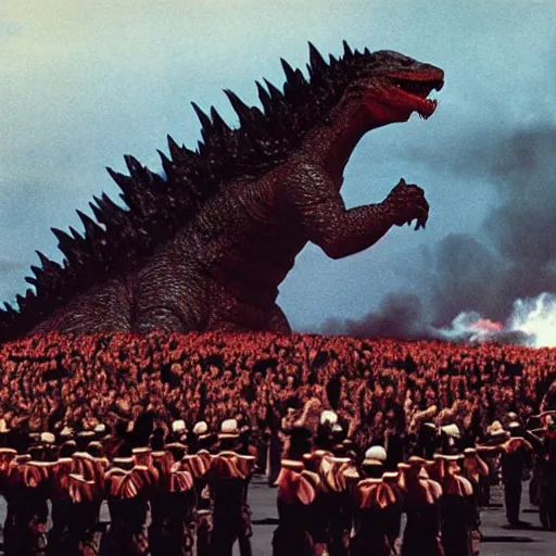 Prompt: army of godzilla on stage