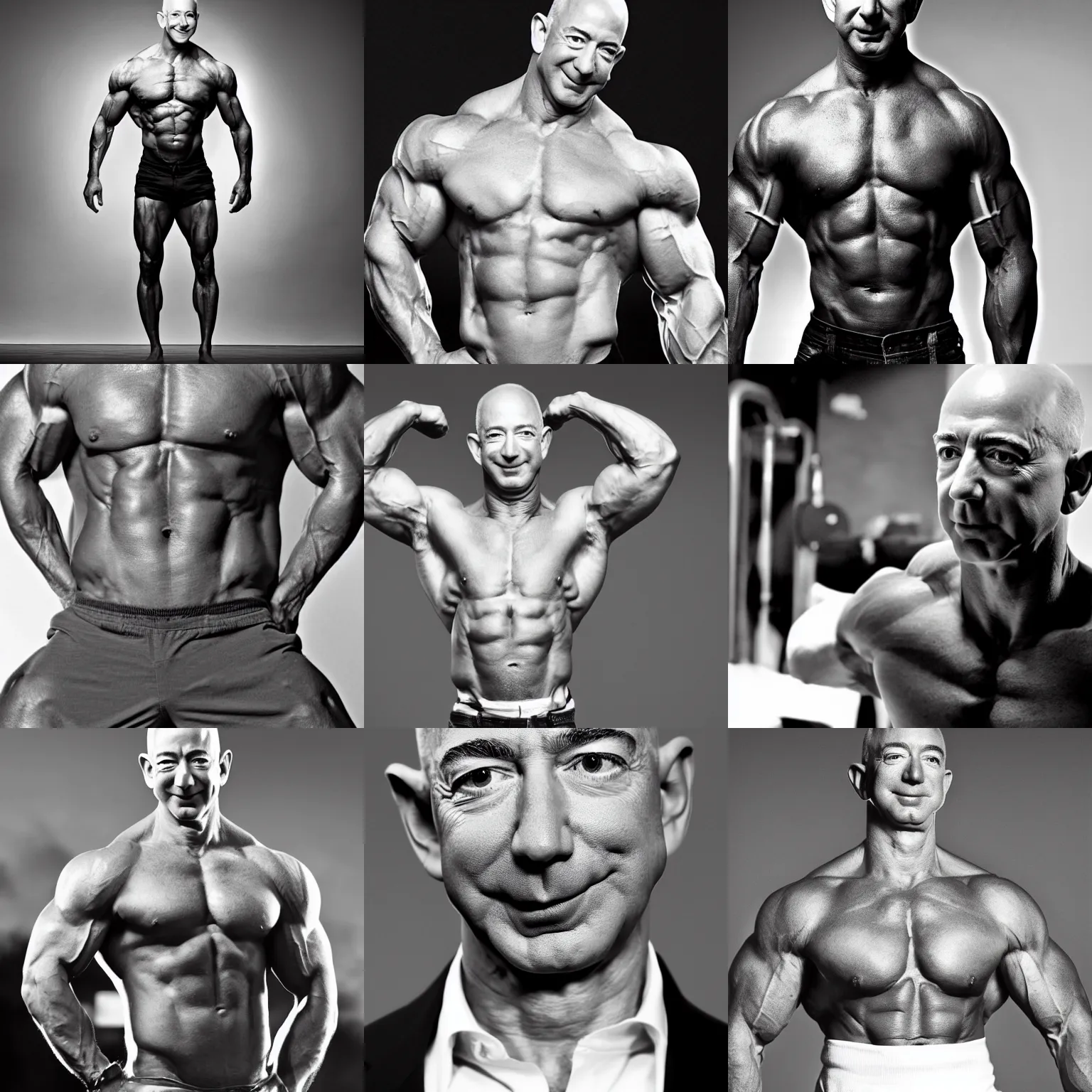Prompt: jeff bezos, extremely muscular, black and white photograph