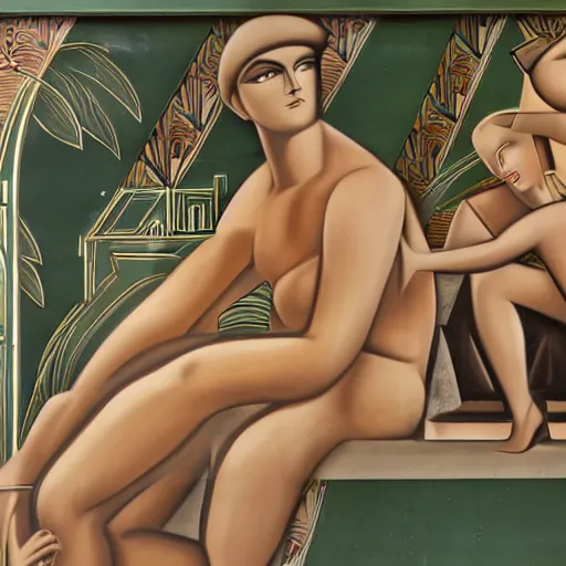 Prompt: an art deco mural with a male beauty theme