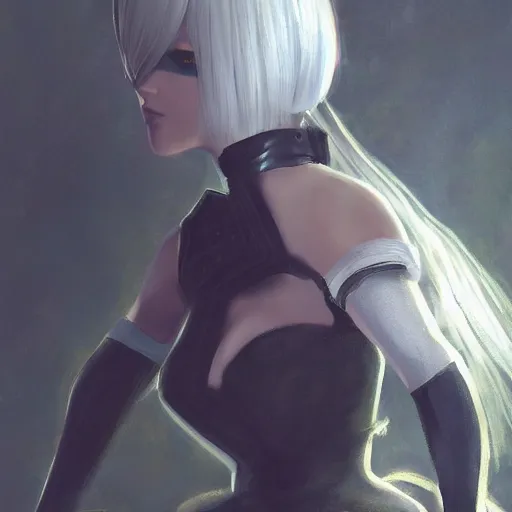 Prompt: a painting of 2 b nier automata. by randolph hewton and edward robert hughes. trending on artstation, highly detailed, volumetric lightning, cinematic lightning