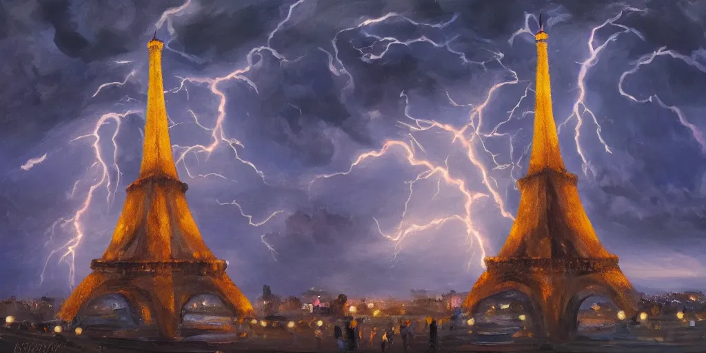 Image similar to lightning striking the Eiffel tower , cinematic lighting, detailed oil painting, hyperrealistic, 8k