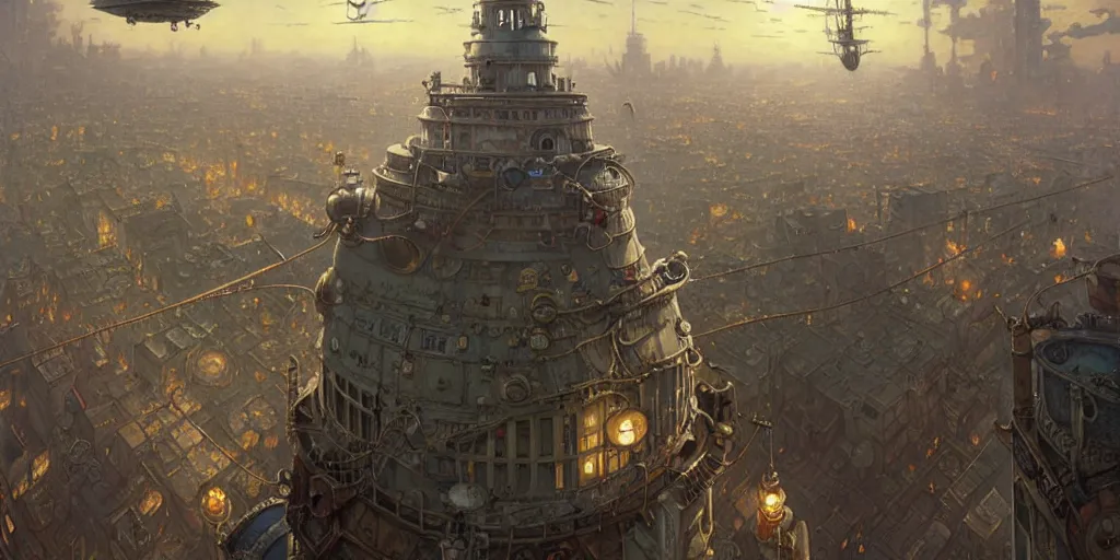 Image similar to steampunk airship above a busy city, exquisite details, denoised, mid view, by norman rockwell, karl kopinski, artsation, greg rutkowski, makoto shinkai, takashi takeuchi, studio ghibli