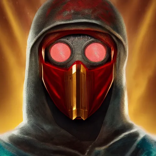 Image similar to portrait of a hero wearing a red mask covering his entire head, only his totally white eyes and mouth are visible, cyan background, golden cape, golden ear buds, golden eye rims, artstation, digital art, opengl