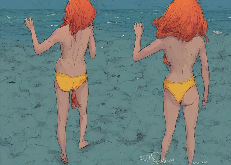 Prompt: a study of cell shaded cartoon of one single girl standing on the beach, facing the ocean, illustration, picture from behind, vibrant colors, post grunge, concept art by josan gonzales and wlop, by james jean, Victo ngai, David Rubín, Mike Mignola, Laurie Greasley, highly detailed, sharp focus, alien, Trending on Artstation, HQ, deviantart, art by artgem